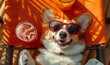 Happy corgi dog in sunglasses lying and drinking fresh cocktail on sun lounger on beach at sea, summer holidays concept