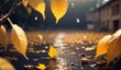 Bright yellow leaves perform a ballet in gusts of autumn wind and soft rain against a misty, unfocused backdrop, highlighting the fleeting beauty of fall.