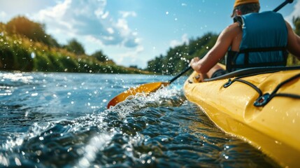 Wall Mural - A man in a yellow kayak paddles down a river.