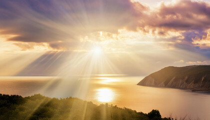 Light from heaven, bright sunlight with reflection in water.	