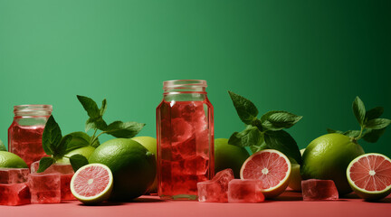 Glass jars with juice. red and green style. refreshing concept