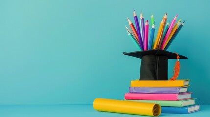 Graduation day.A mortarboard and graduation scroll on stack of books with pencils color in a pencil case on blue background.Education learning concept.