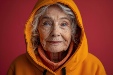 Wall Mural - Elderly woman in yellow hoodie against vivid red backdrop, striking portrait for advertising