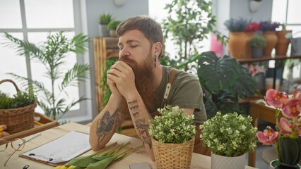 Poster - Contemplative redhead man with beard sits amid greenery in a florist shop.