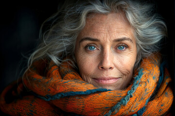 Wall Mural - Beautiful elderly white woman with grey hair wearing scarf close up, portrait for marketing campaign