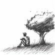 A sad and lonely man sits pensively under a tree. Man thinks about a problem. Time for reflection. Despair, depression or hopelessness concept. Black and white image. Illustration for varied design.