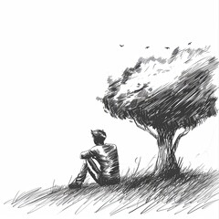 a sad and lonely man sits pensively under a tree. man thinks about a problem. time for reflection. d