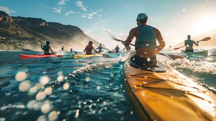 Wall Mural - A group of individuals in kayaks gliding atop the water as they paddle together.