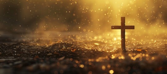A wooden cross is placed on the ground, surrounded by golden light and mist gold color, creating a warm atmosphere with soft lighting Generative AI