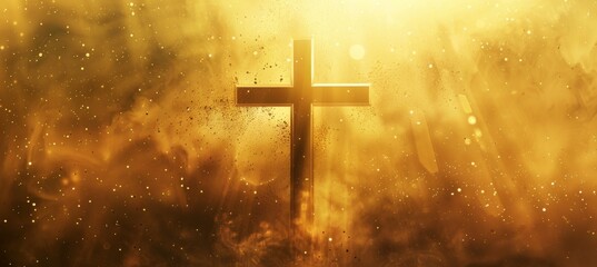 Canvas Print - The cross is placed on the golden background, with light shining down from behind and dust flying in front Generative AI