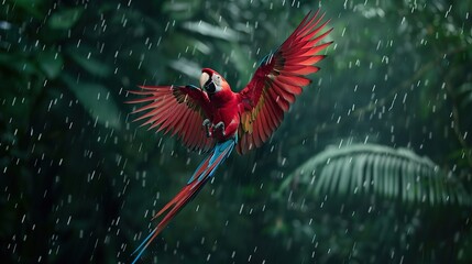 Red parrot in the rain. Macaw parrot flying in dark green vegetation. Scarlet Macaw, Ara macao, in tropical forest, Costa Rica, Wildlife scene from tropical nature. Red bird in the forest