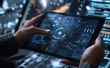 A closeup shot of hands holding an iPad, with digital security symbols and graphs floating in the background to represent network or protective shield elements on screen