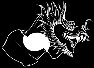 Sticker - white silhouette of Japanese dragon illustration with Japanese flag on black background