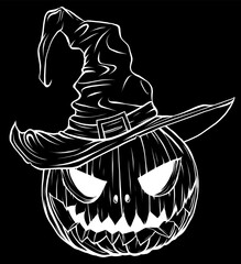 Wall Mural - white silhouette of Cartoon halloween pumpkin wearing witch hat isolated on black background