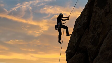 Wall Mural - A rock climber is silhouetted against the evening sky as he rappels past an overhang in Joshua Tree National Park.