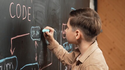Panorama shot of smart boy writing engineering prompt on blackboard. Attractive student planing a project by using coding and programing system in STEM technology innovative class. Closeup. Erudition.