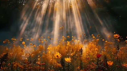 Wall Mural - sunbeams over a meadow full of flowers and trees