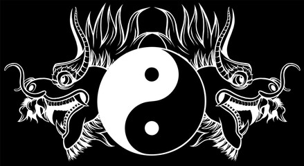 Wall Mural - white silhouette of Yin Yang and head Chinese dragon on black background vector illustration