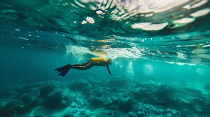 Wall Mural - A woman in a yellow shirt is swimming in the ocean.