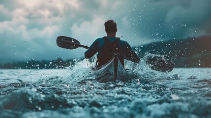 Wall Mural - A man is paddling a kayak through a body of water.