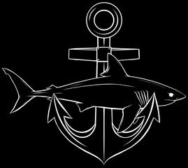 Sticker - white silhouette of shark around anchor on black background