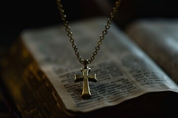 Wall Mural - A cross necklace hanging from the edge of an open Bible, with soft lighting and a black background for focus on religious symbolism Generative AI