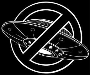 Sticker - white silhouette of No UFO symbol design illustration. Forbidden sign with spaceship and alien icon isolated on black background