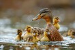 A mother duck is leading her ducklings through the water