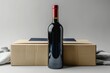 A bottle of red wine is sitting on top of a cardboard box