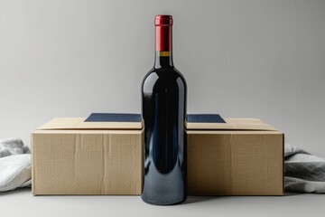 Canvas Print - A bottle of red wine is sitting on top of a cardboard box