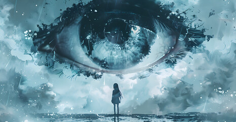 Wall Mural - A woman stands in front of a large eye, which is surrounded by clouds