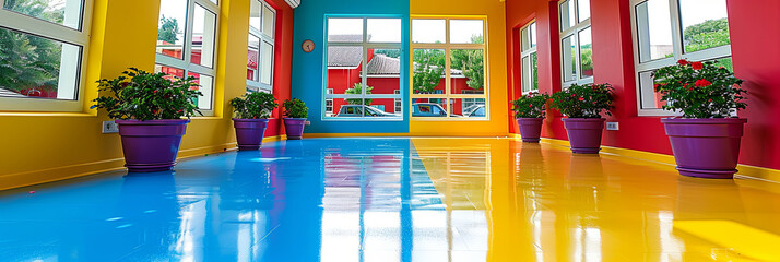 Wall Mural - A colorful room with a blue and yellow floor