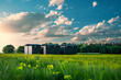 solar battery, green energy , image of a modern battery energy storage system Solar energy. Solar batteries in the middle of a green field