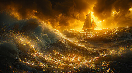 Poster - A boat is sailing in the ocean with a storm in the background