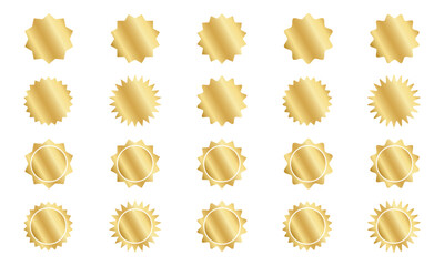 Wall Mural - Set of gold round stickers with wavy borders. Shining golden curvy labels, quality badges, price tags, stamps, sale offer shapes isolated on white background. Vector realistic illustration.