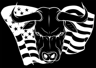 Sticker - white silhouette of head of bull with american flag on black background