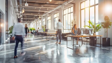 Bright business workplace with people in walking in blurred motion in modern office space