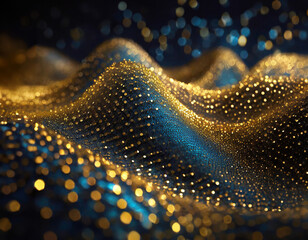 Poster - Illustration of abstract background with golden particles bokeh forming wave on a blue backdrop. Luxury golden wave of lights, elegant fluid data transfer technology. Holiday concept. Generative Ai