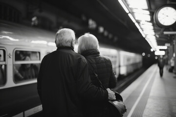 Final Goodbye: Saying Farewell with . senior couple hugging on underground station