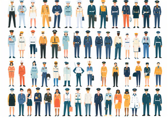 Wall Mural - A big set of people in professional uniforms of various colors and styles, with different styles for men and women representing roles such as airplane crew, air traffic controllers, police, pilots, nu