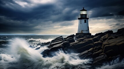 Canvas Print - Stormy lighthouse scene with dramatic clouds and crashing waves