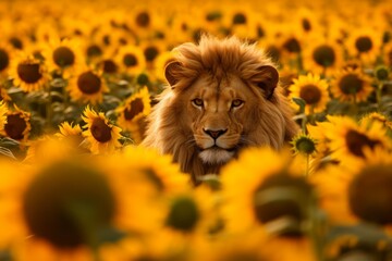 Wall Mural - Majestic lion in field of sunflowers