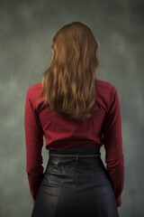 Poster - woman with long brown hair wearing red shirt and black skirt