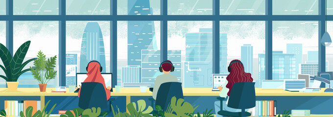 Wall Mural - A descriptive illustration of three call center girls working in an office with large windows. The illustration is in a flat design, vector graphic, 2D style.