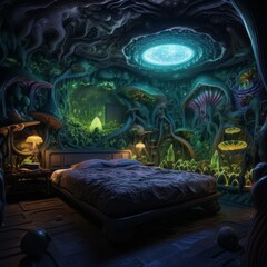 Wall Mural - Surreal fantasy bedroom with glowing mushrooms and otherworldly landscape