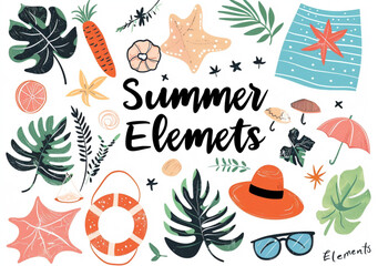 Wall Mural - A set of summer elements clip art collection on a white background, in a vector illustration