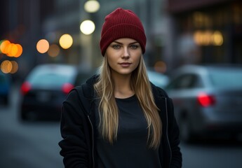 Wall Mural - Woman in red beanie walking on city street at night