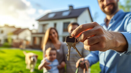 a male realtor hands over the keys of a new house to a young couple with a child and a dog.