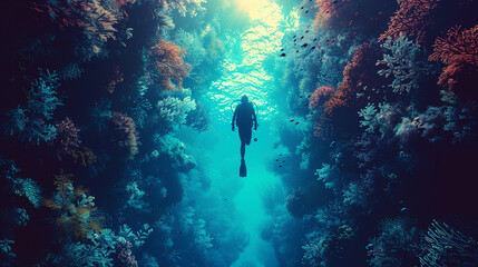 Silhouette of a scuba diver exploring a coral reef.