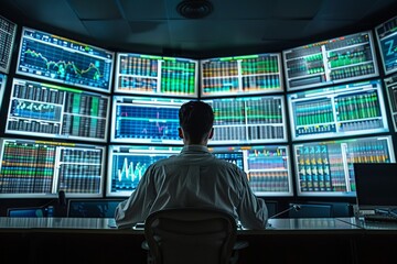 Business executive making critical decisions based. Single figure at control center monitoring multitude of screens data, back to viewer, exemplifies network operations, r financial market oversight.